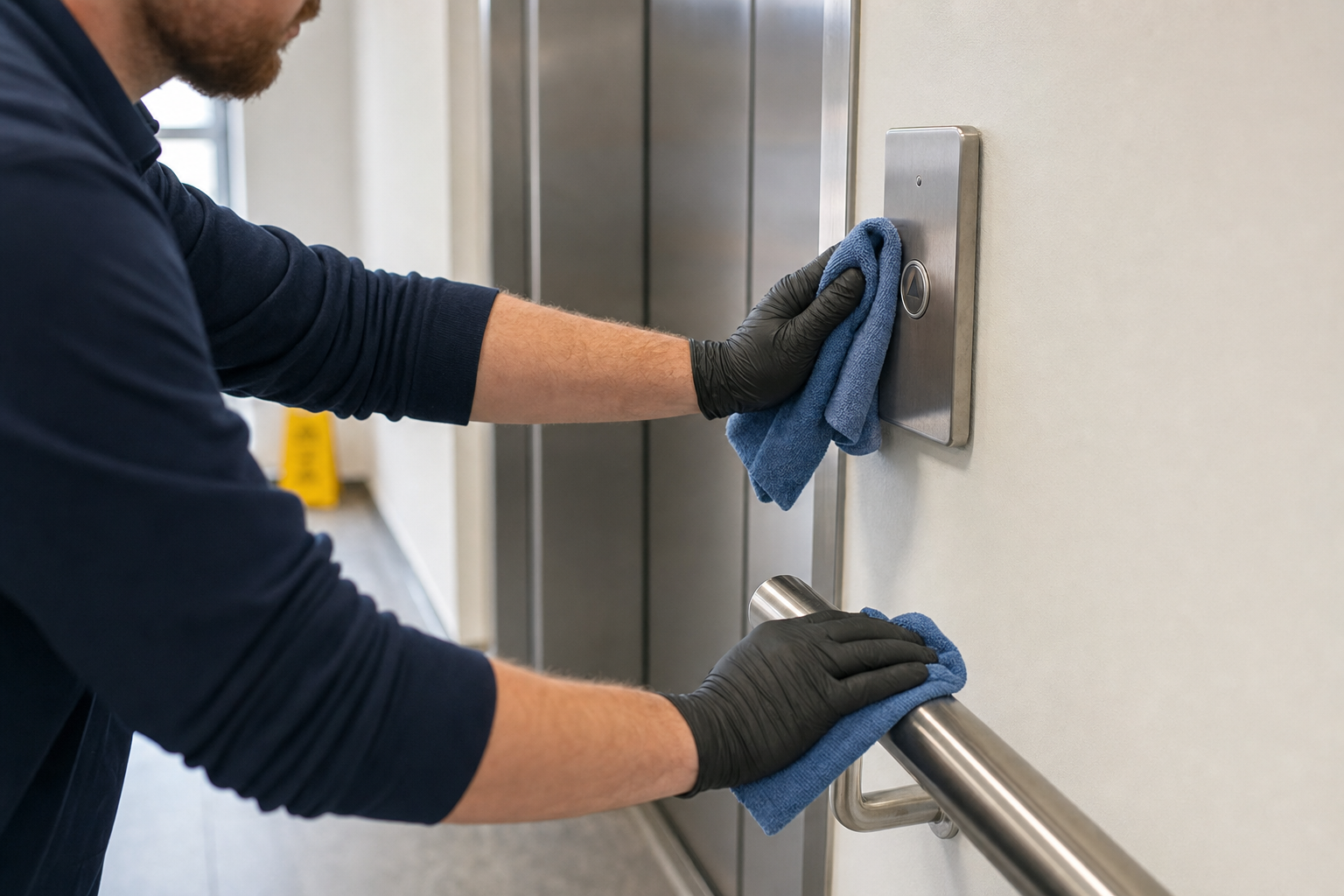 Person wearing black gloves cleans elevator buttons and handrail with a blue cloth.