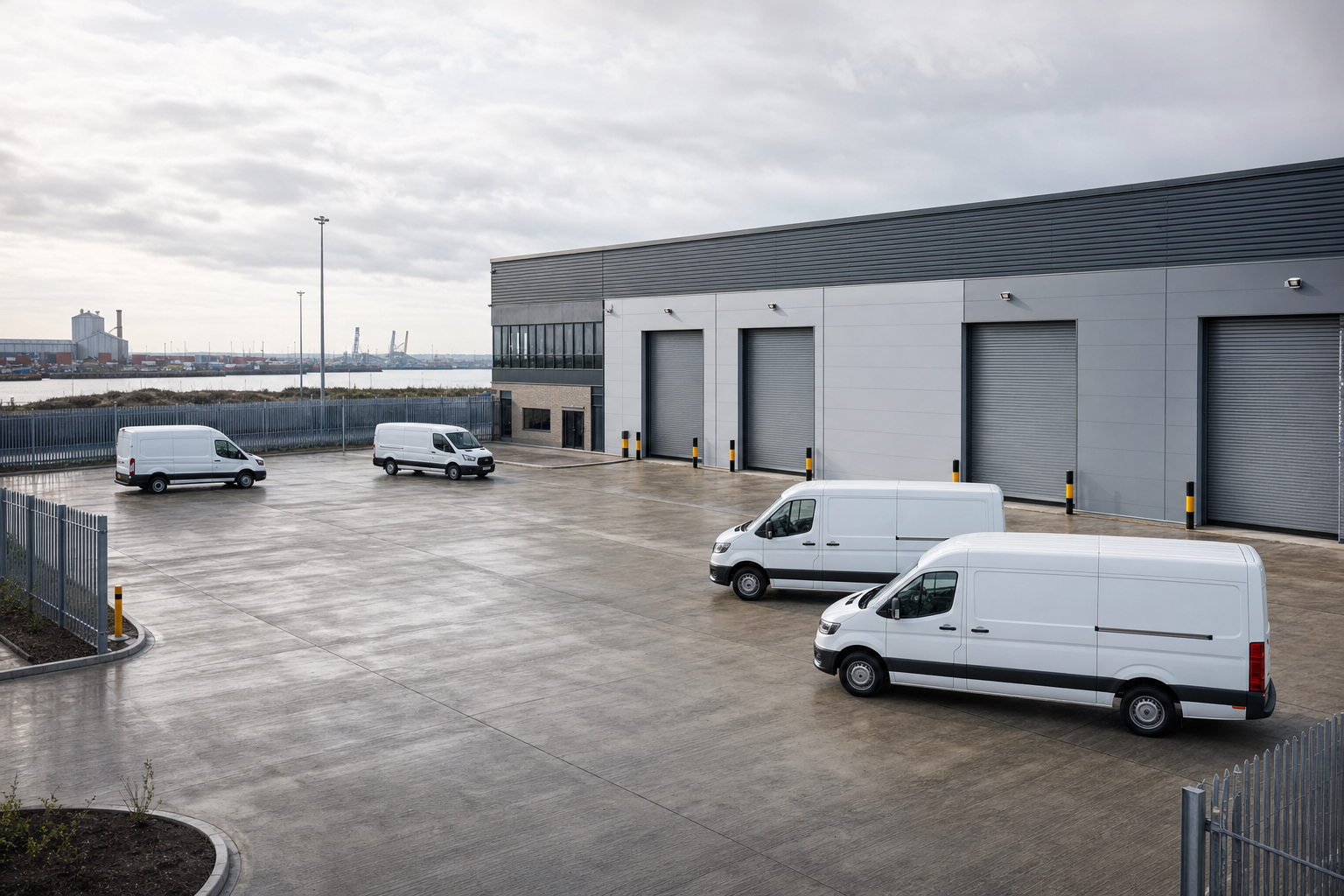 Four white vans parked in front of a large industrial warehouse near a waterfront.