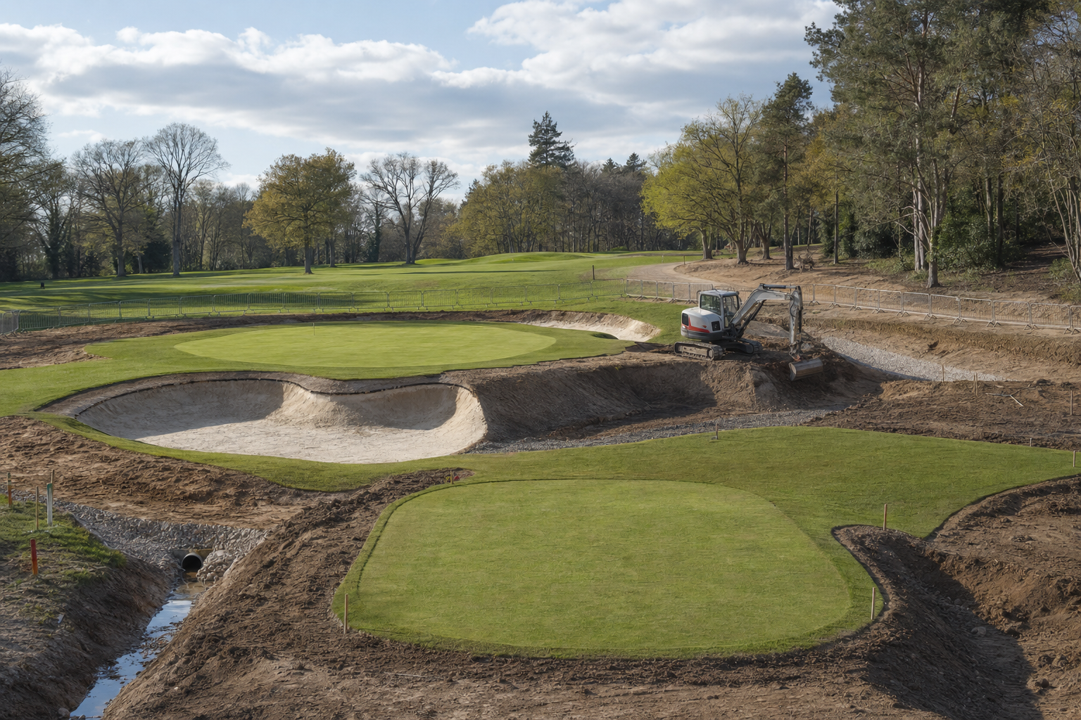 Excavator reshaping bunkers on a golf course surrounded by trees and a clear sky.