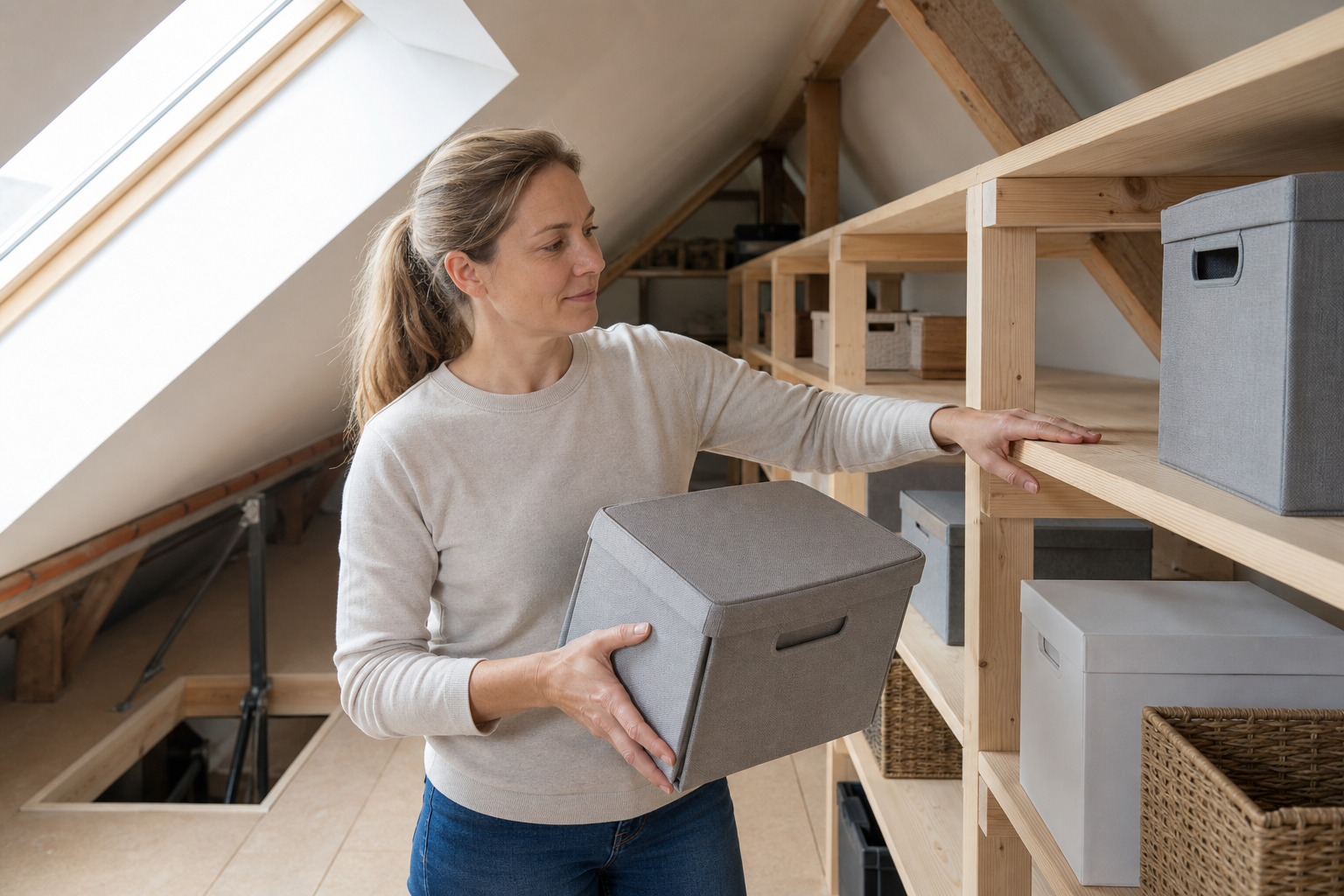 Woman organising storage boxes on wooden shelves in a loft with a sloped ceiling.
