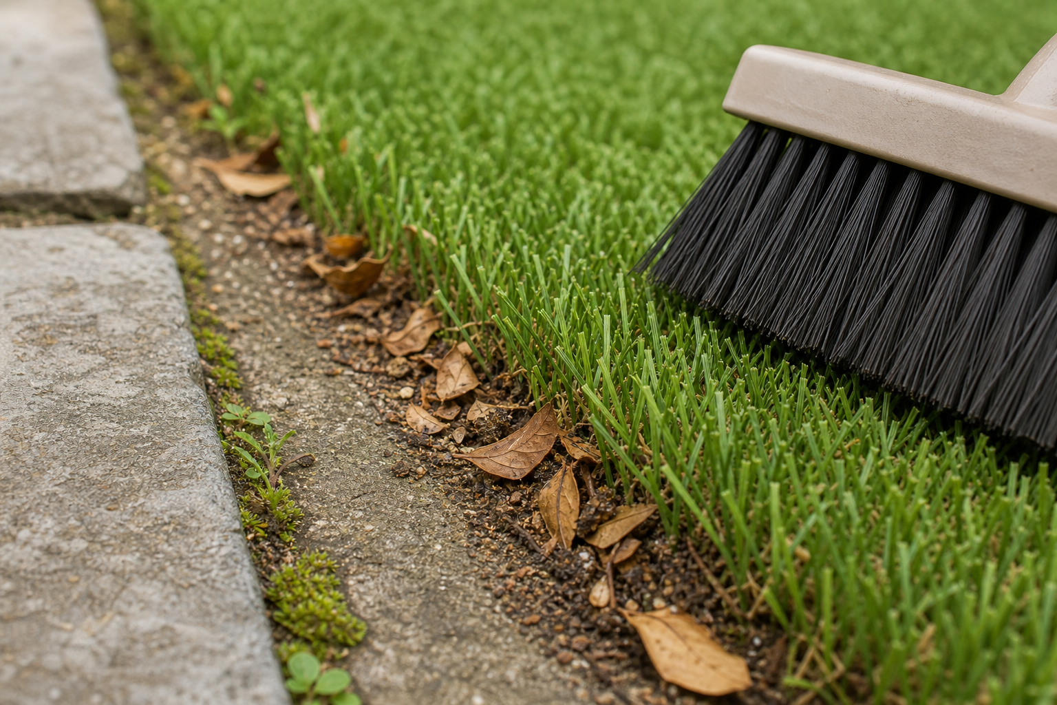 A broom sweeps dry leaves from a pavement next to a neatly maintained lawn.