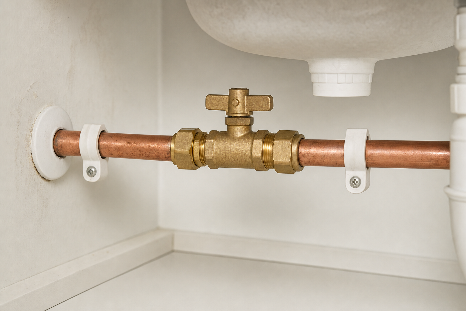 A copper pipe with a brass shut-off valve beneath a sink.
