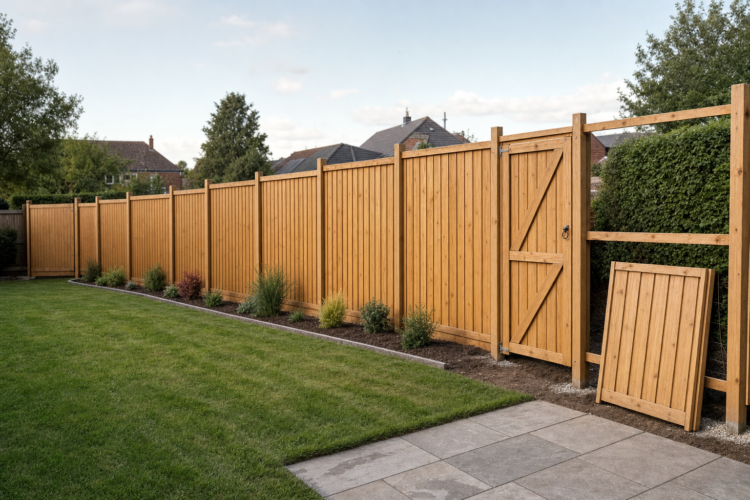 A long wooden garden fence with a gate and green lawn in a suburban setting.