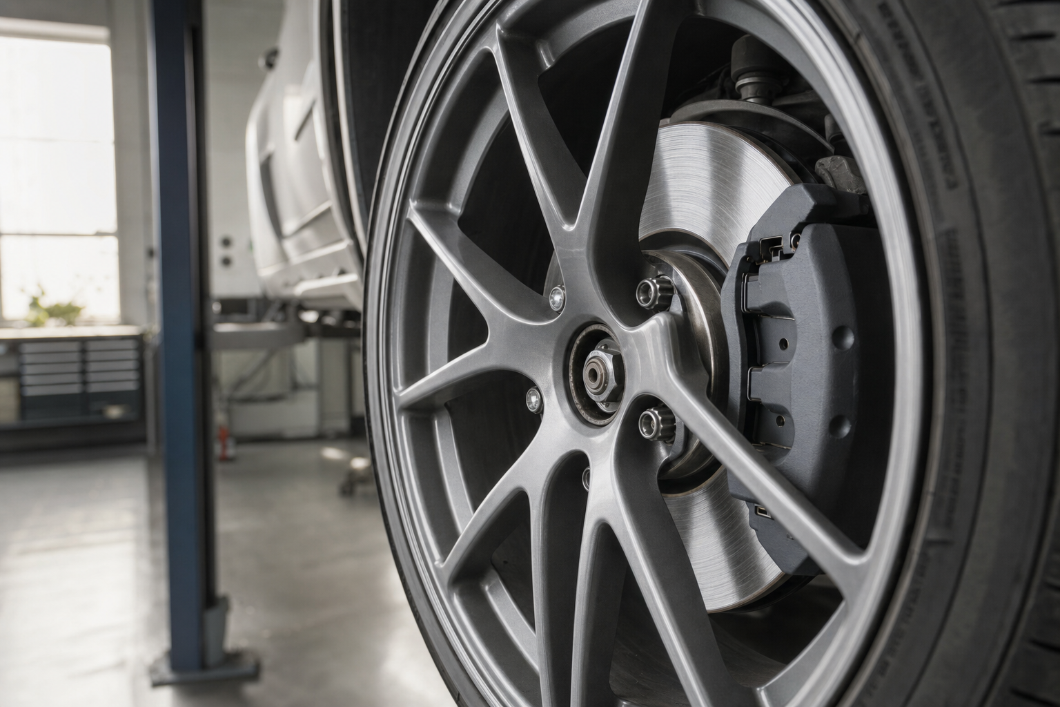 Close-up of a metallic car wheel with a visible brake disc and caliper in a garage setting.