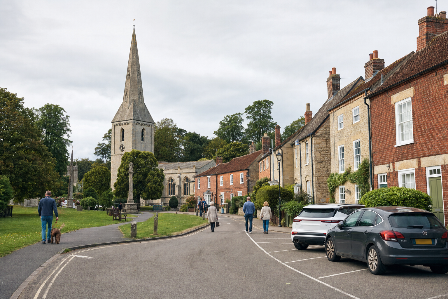A quaint village street with a stone church and spire, lined with brick houses and parked cars, as people stroll by.