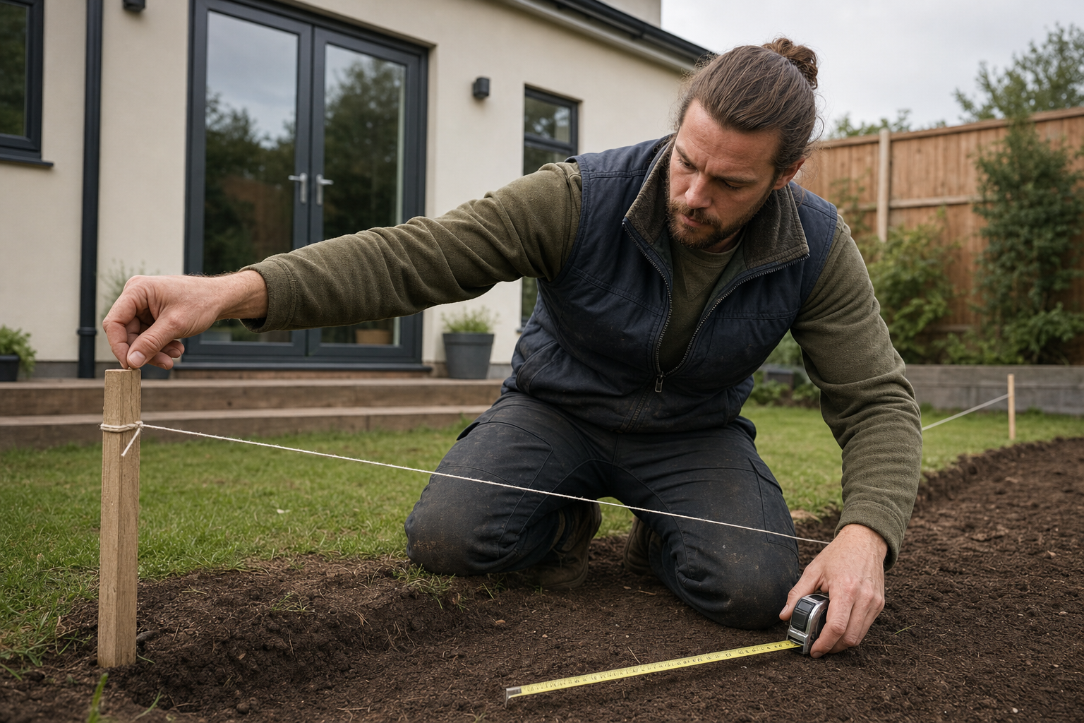 A man uses a tape measure and string line to peg out a new garden area in front of a house.