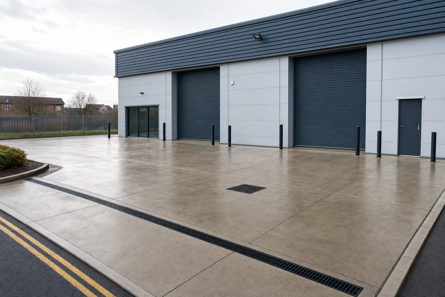 Industrial building with two large roller doors and a wet, empty forecourt, under a cloudy sky.