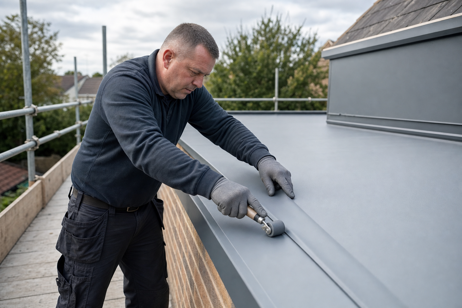 A man uses a roller tool to install a flat roof on scaffolding, against a cloudy sky background.