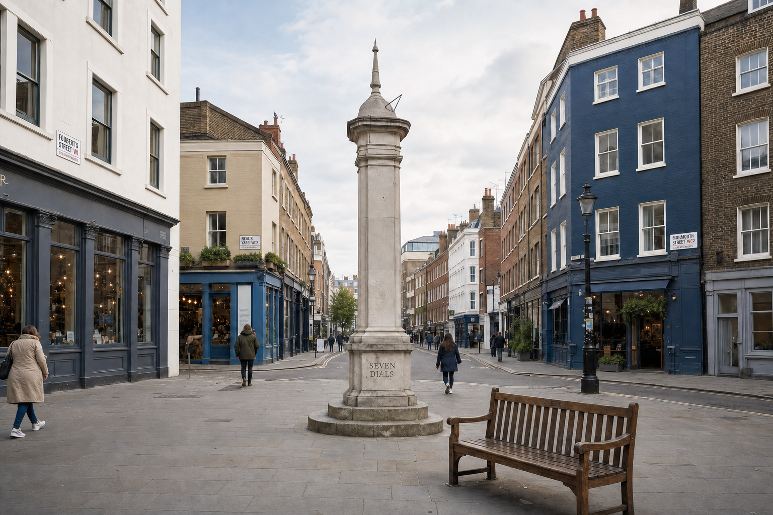 The Seven Dials monument stands at the centre of a cobblestone street intersection, surrounded by historic buildings.
