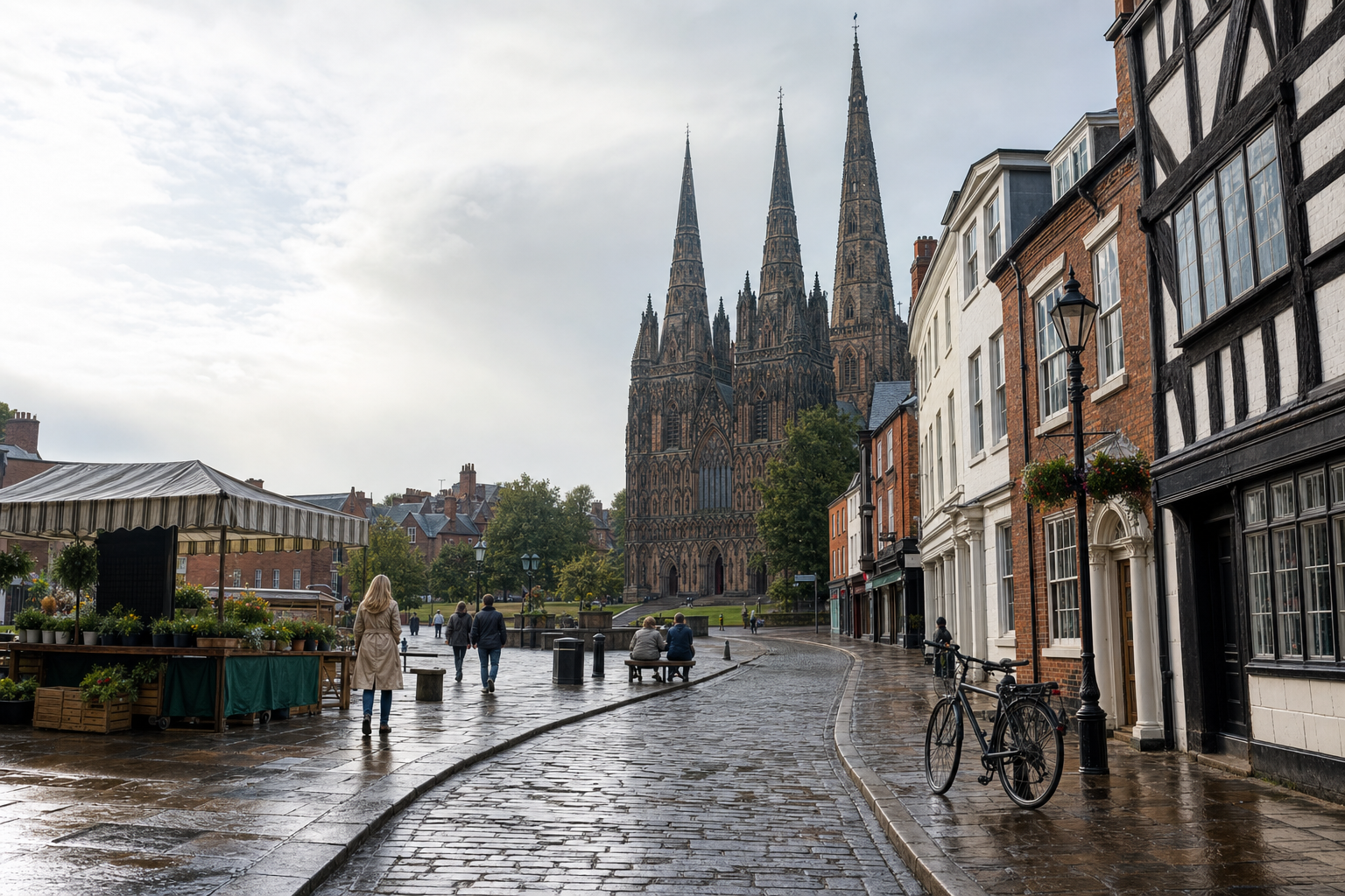 Cobblestone street in front of a grand cathedral with people walking and a bicycle parked on the kerb.