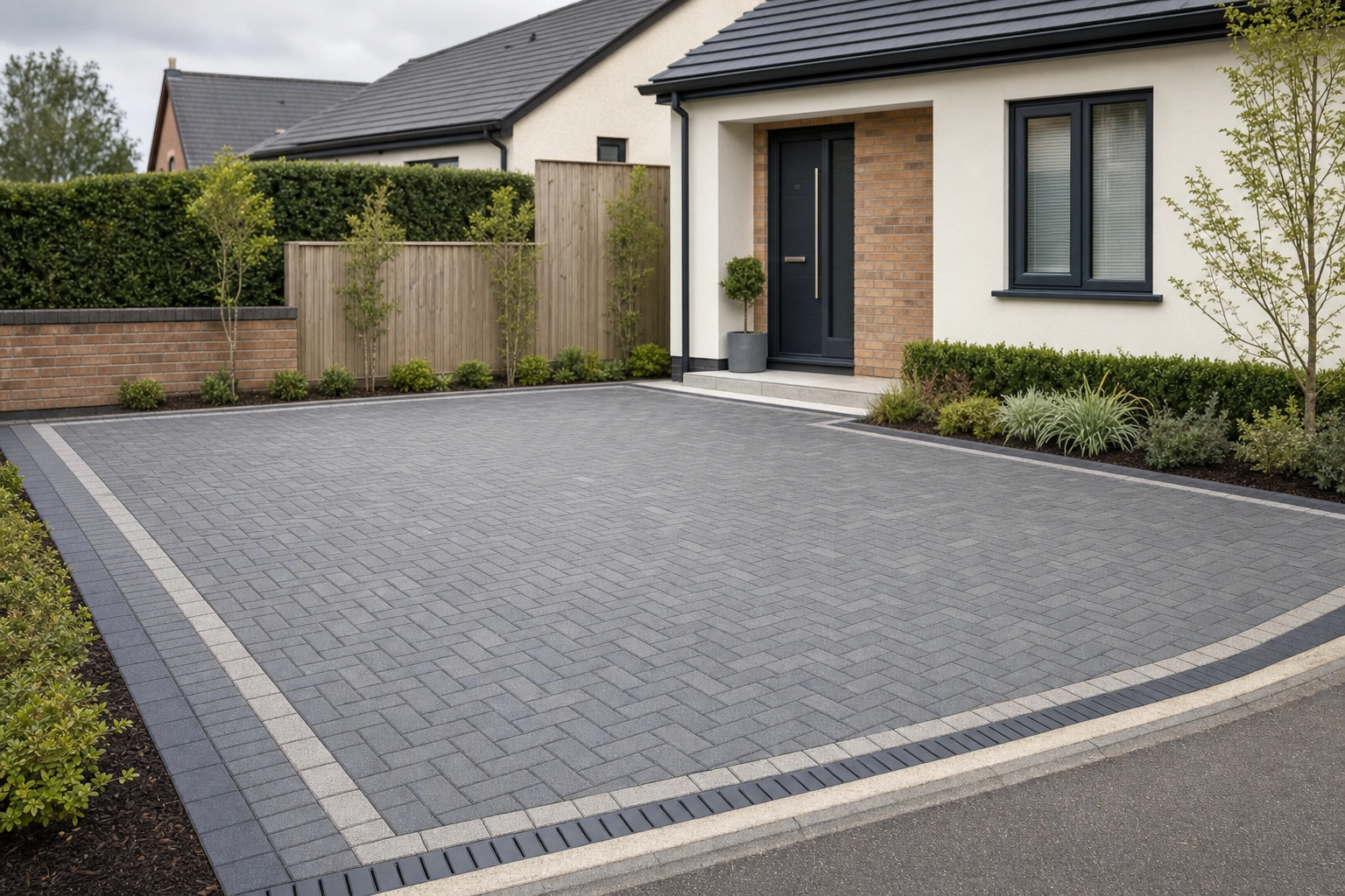 Modern brick driveway leading to a contemporary house entrance with landscaped borders.