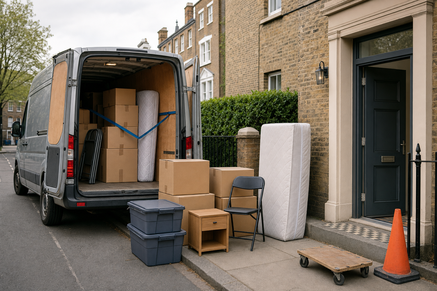 A van is parked outside a house with furniture and boxes being moved onto the pavement.