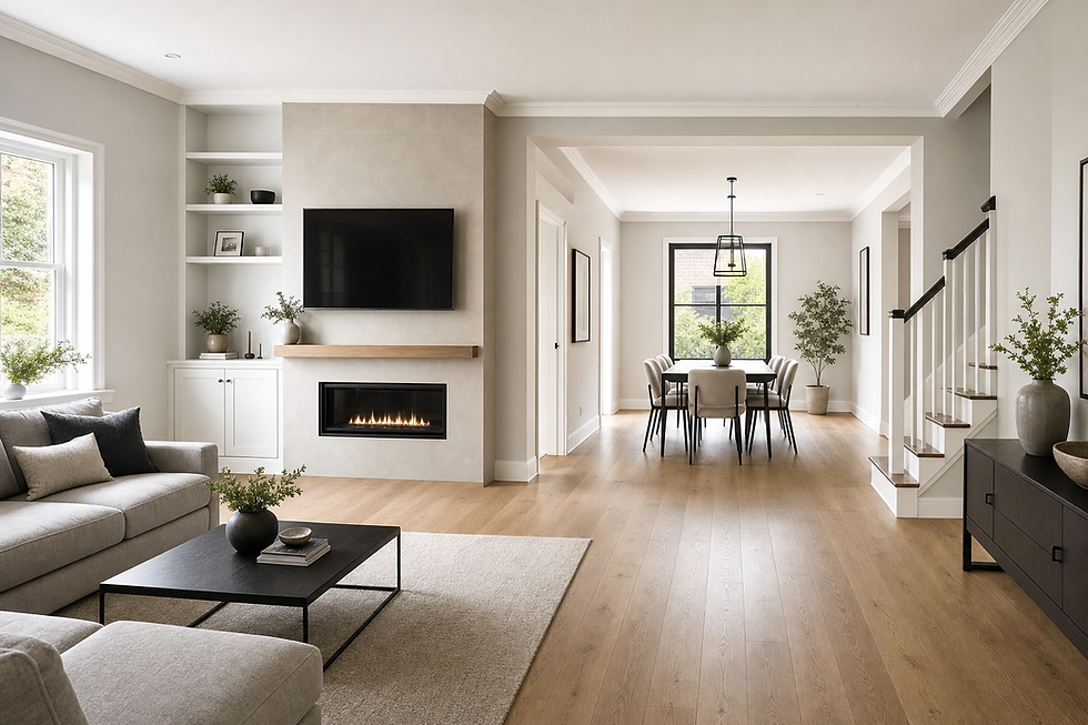 Modern open-plan living and dining area with a fireplace, wooden floors, and neutral decor.