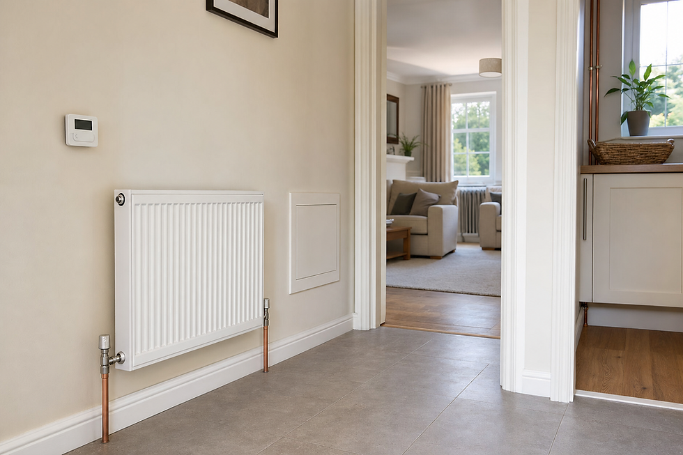 A hallway with a white radiator and thermostat leading into a bright, comfortable living room with a sofa and window.