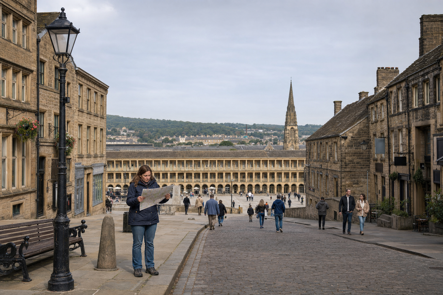 A woman reads a map on a cobblestone street with historic buildings and a spire in the background.