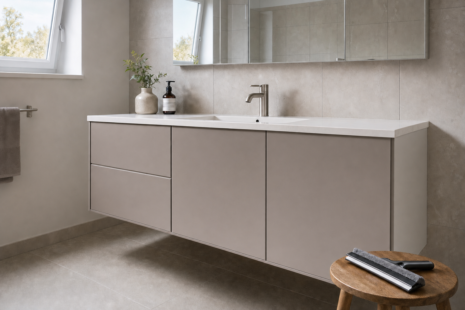 Modern bathroom with a floating vanity unit, beige tiles, and a wooden stool holding a squeegee.