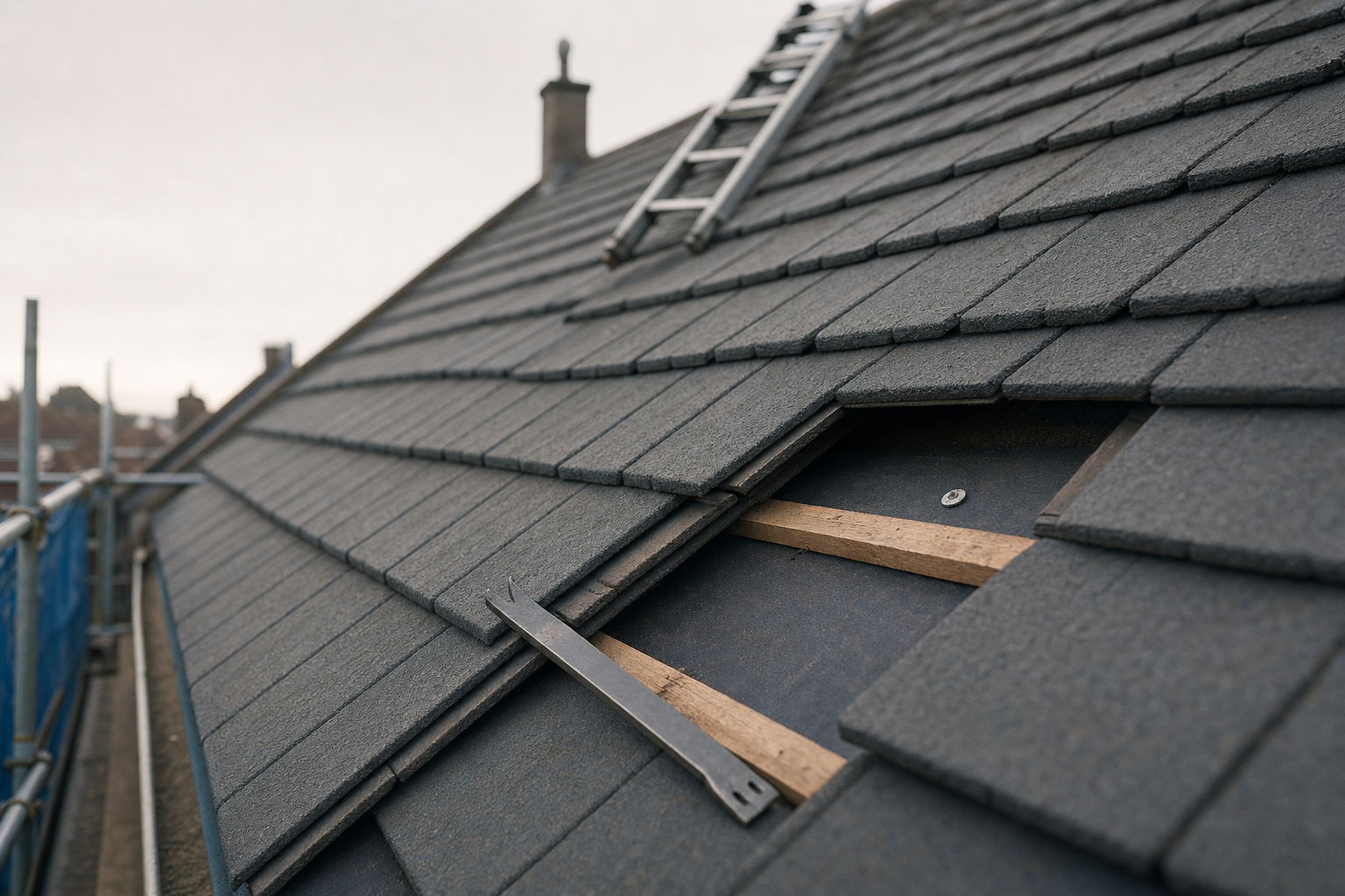 A roof under repair with a ladder and crowbar, showing removed tiles and visible wooden supports.