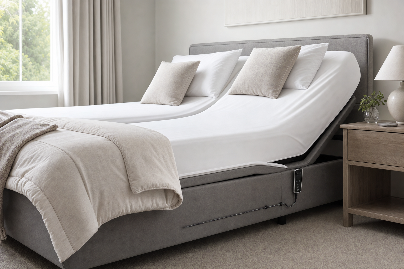 Adjustable grey bed with white sheets and pillows, beside a wooden bedside table in a softly lit bedroom.