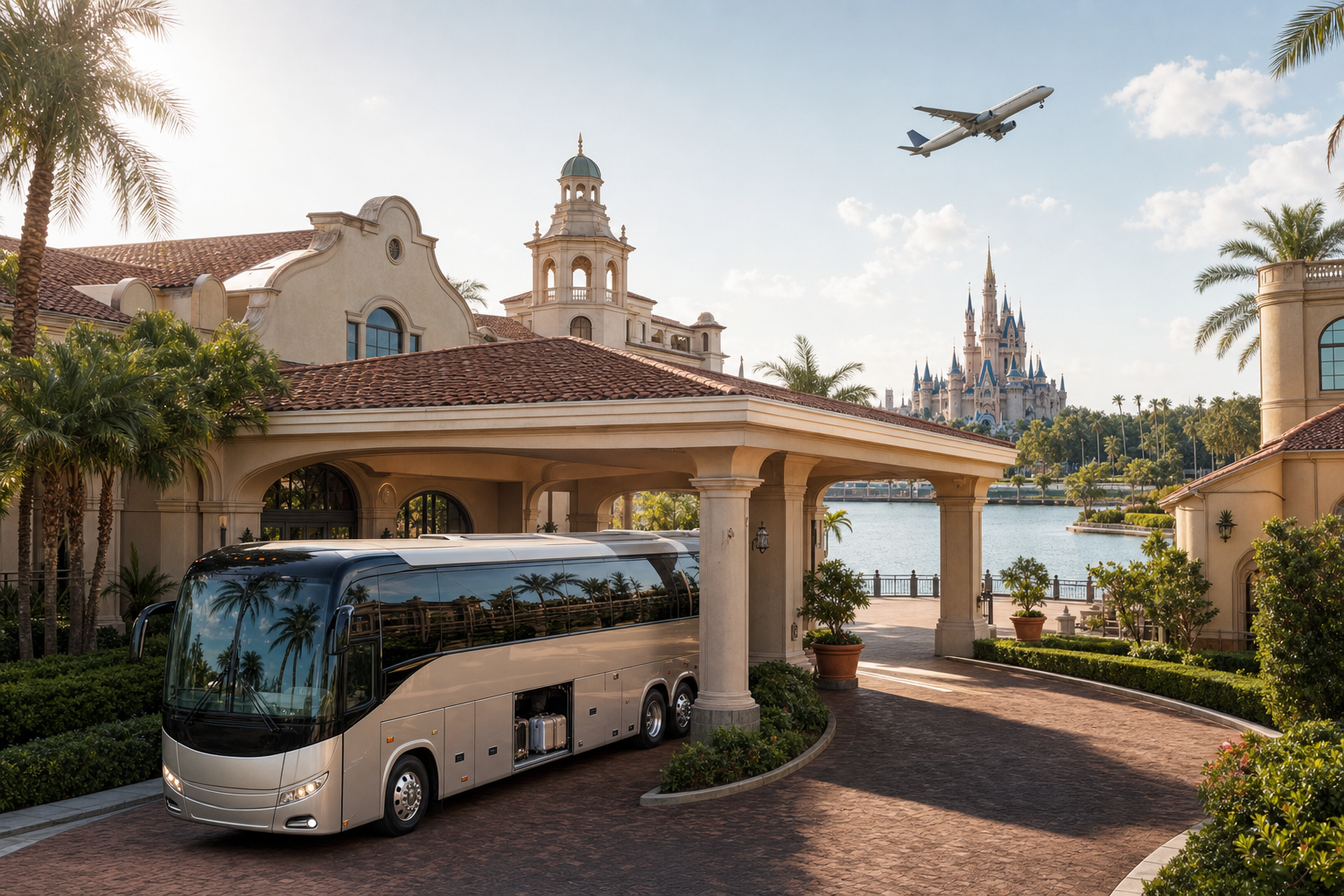 A luxury coach parked outside a grand villa with an aeroplane flying above a distant castle over a scenic lake.