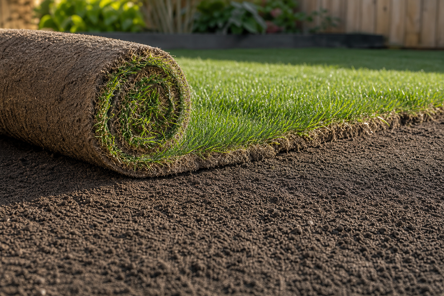 A roll of freshly laid turf on dark soil in a garden setting.