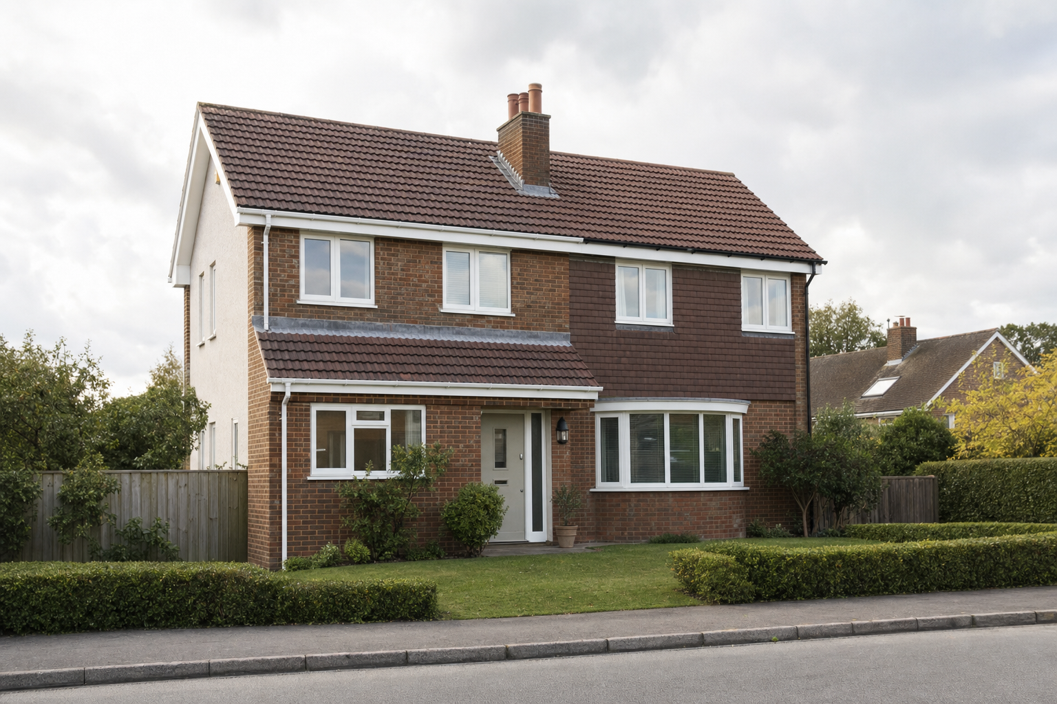 Two-storey suburban house with brick facade and pitched roof set against a cloudy sky.