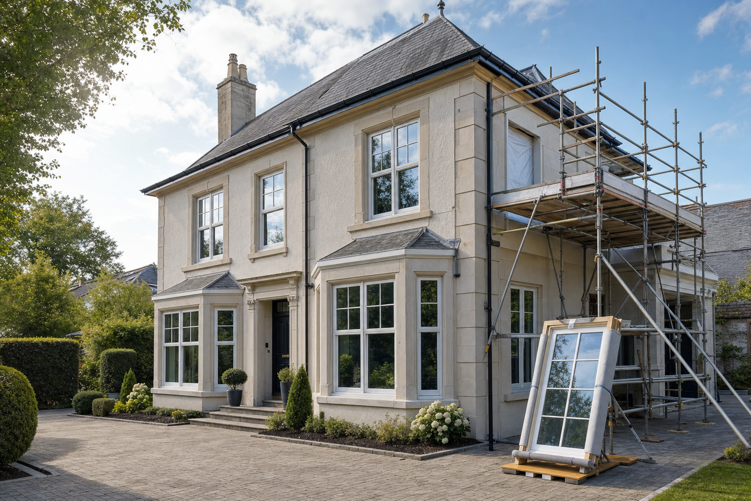 A two-storey house with scaffolding and a large window panel in the driveway under a partly cloudy sky.
