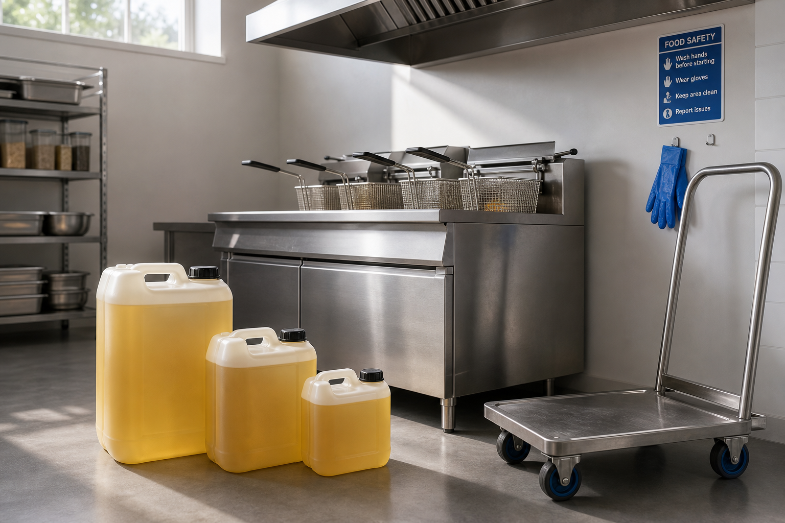 Commercial kitchen with large containers of cooking oil and deep fryers.