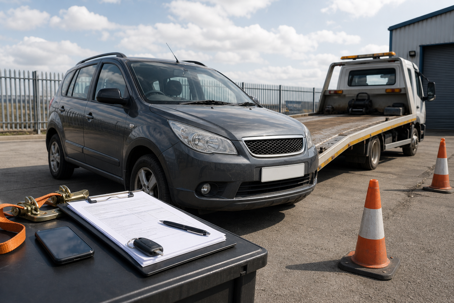 Gray SUV in front of a tow truck with clipboard, smartphone, and keys on a nearby table.
