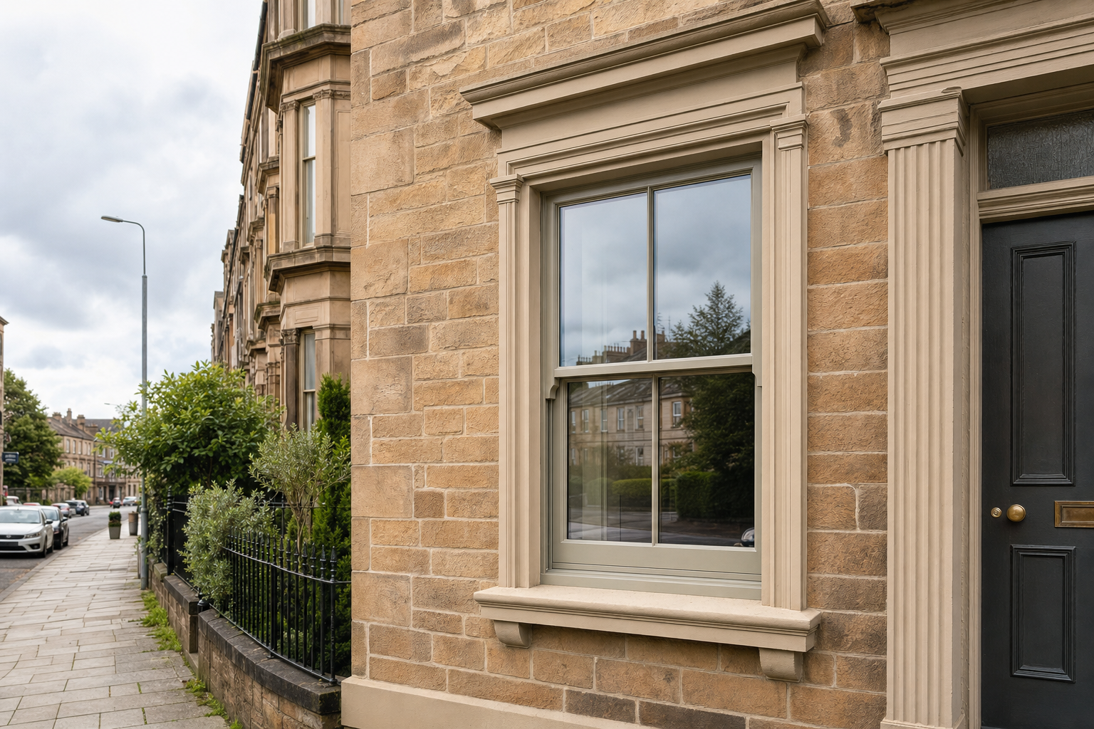 A traditional stone terraced house with a window reflecting nearby buildings on a cloudy day.