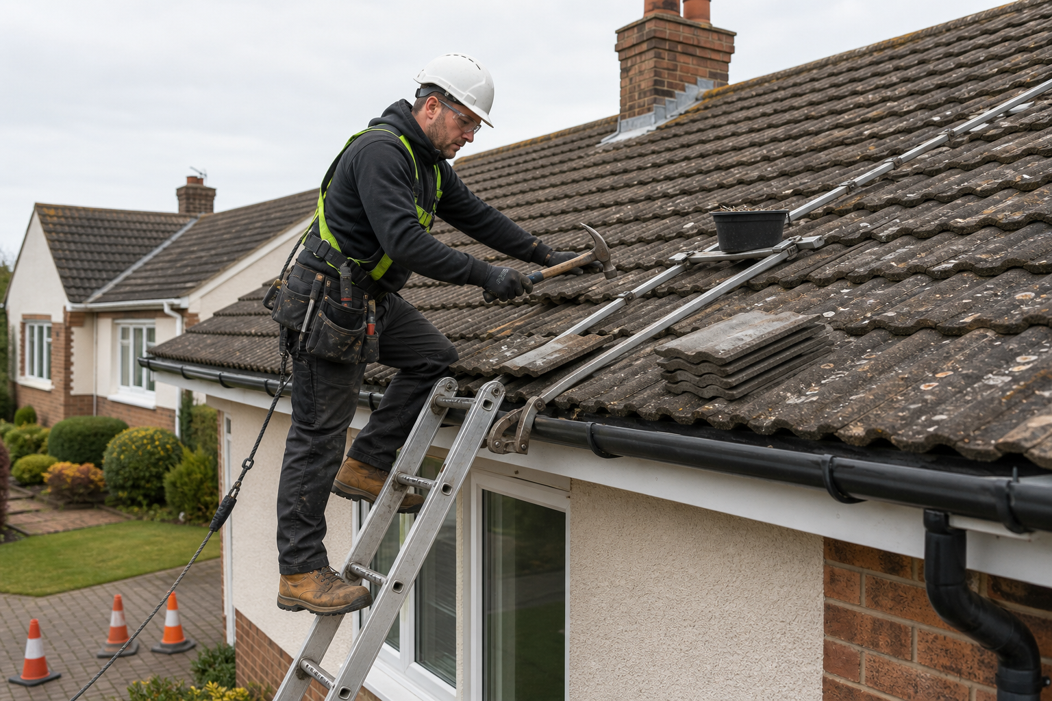Roofer wearing safety gear repairs shingles on a ladder.