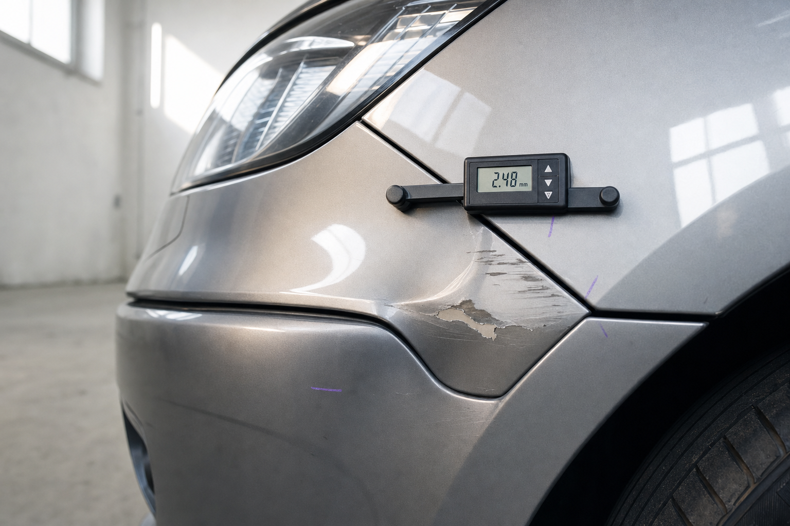 Close-up of a scratched car bumper with a measuring device reading 2.48 mm attached.