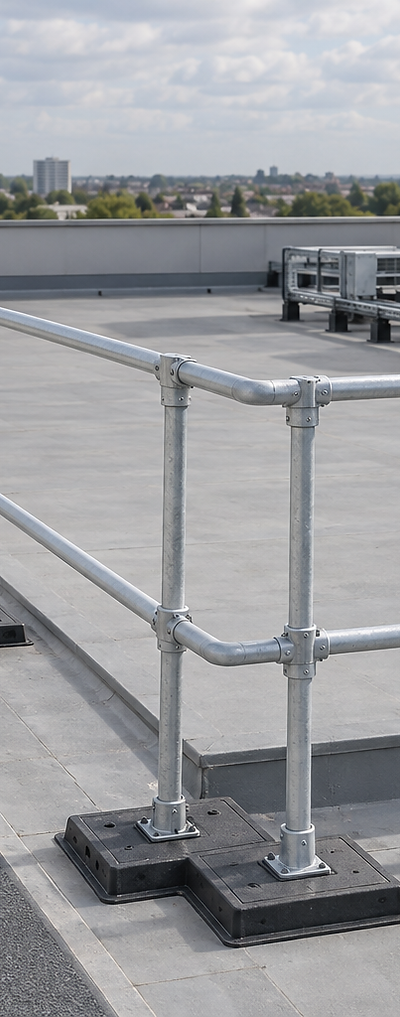 A flat rooftop with metal safety railings and air conditioning units under a partly cloudy sky.