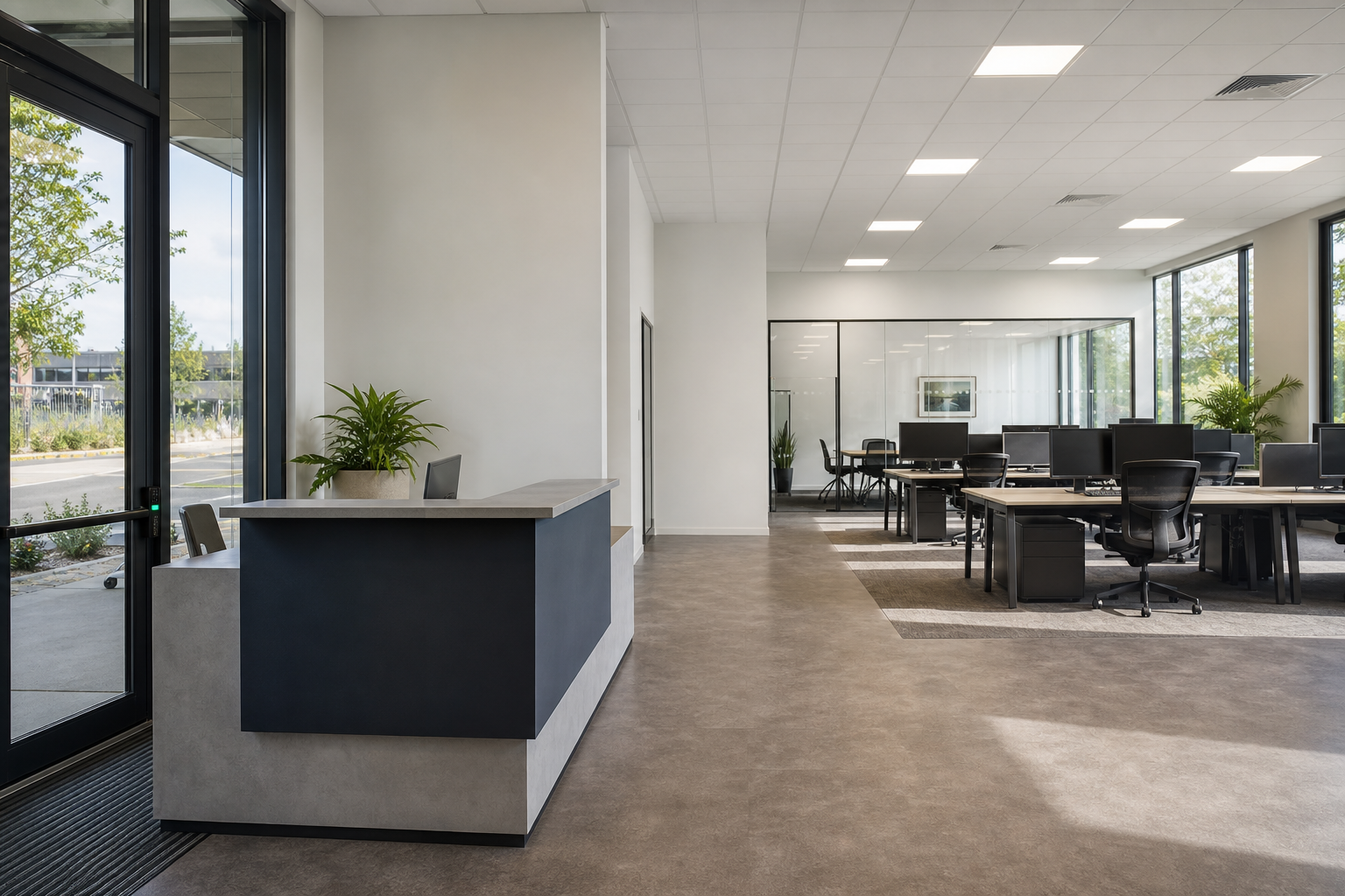 Modern open-plan office with a reception desk and large windows overlooking greenery, featuring desks and chairs.