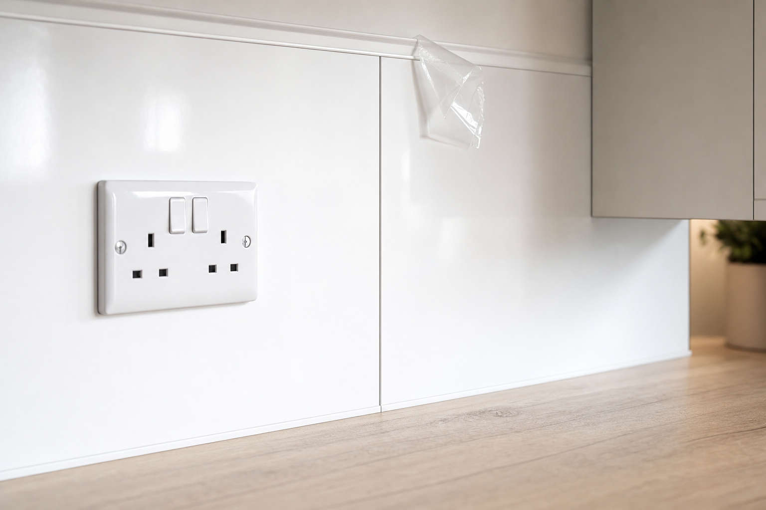 A white double power socket on a clean kitchen wall above a wooden counter.