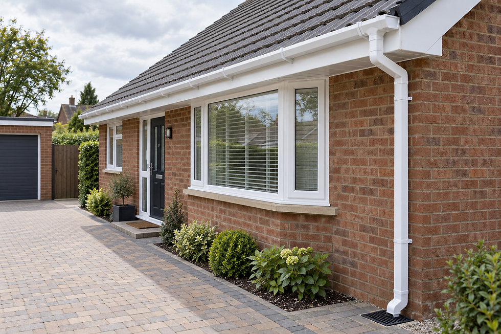 Modern brick bungalow with a landscaped front garden and a grey garage door.