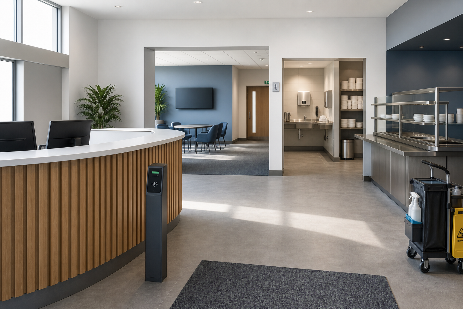 Modern reception area with wooden desk, nearby dining tables, kitchenette, and cleaning trolley.