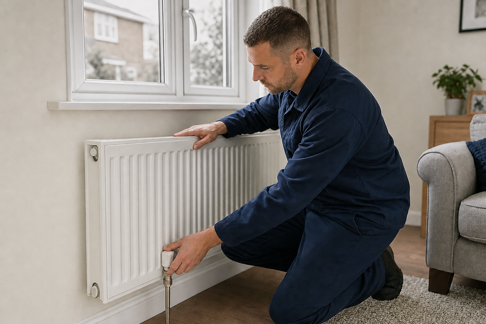A man in blue overalls kneels to adjust a heating radiator in a living room.