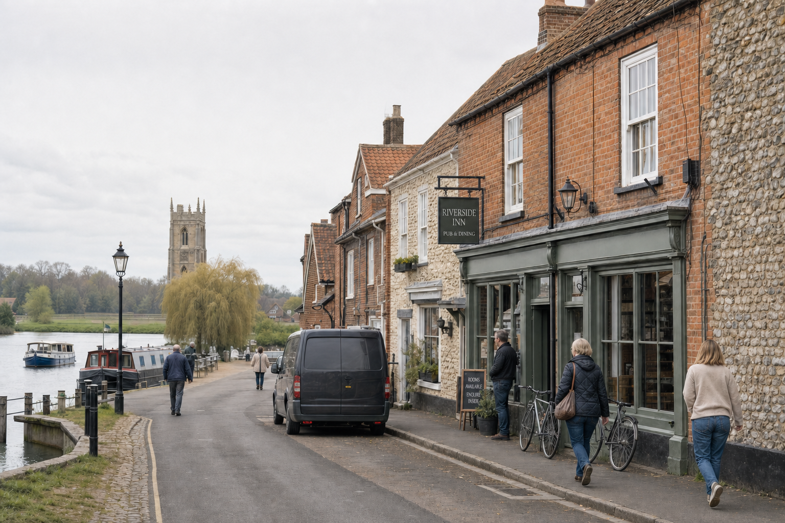 A quaint riverside street featuring a historic pub and dining, with boats moored along the riverbank.