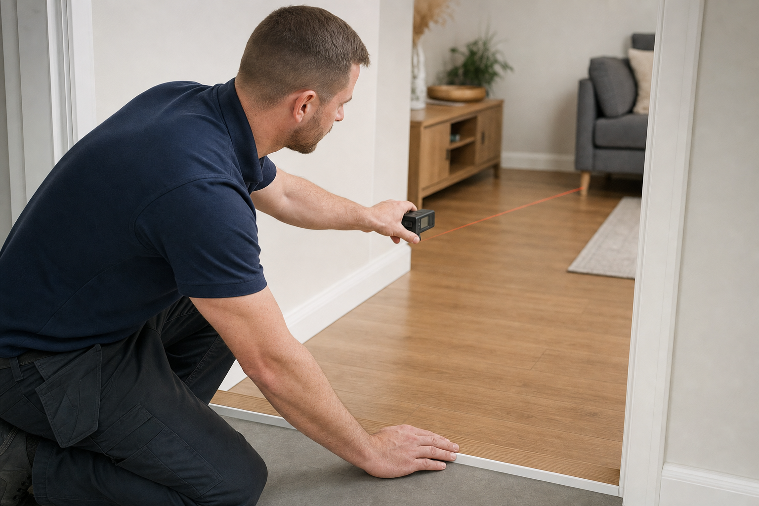 A man in a navy shirt uses a laser distance measurer to check the dimensions of a wooden floor in a modern living room.