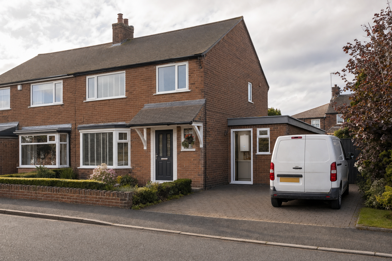 A semi-detached brick house with a white van parked on the driveway under a cloudy sky.