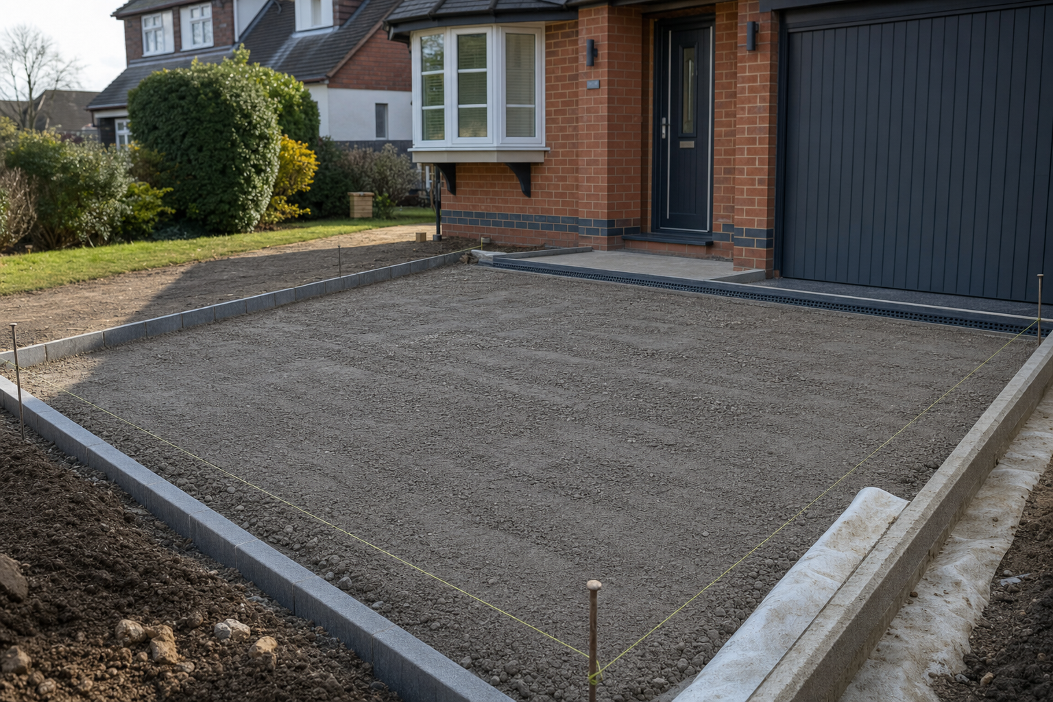 A newly prepared driveway area with levelled gravel beside a modern brick house and garage.