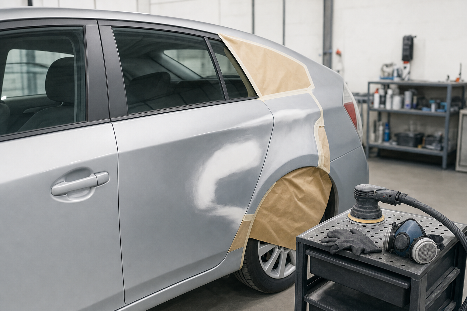 Car being prepped for painting with masked areas and sanding marks, alongside a sander, gloves, and respirator.