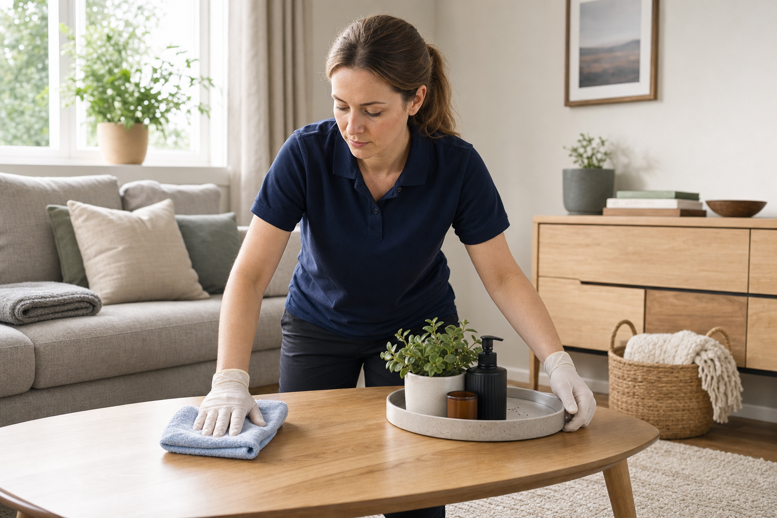 A woman wearing gloves cleans a wooden coffee table in a bright, modern living room.