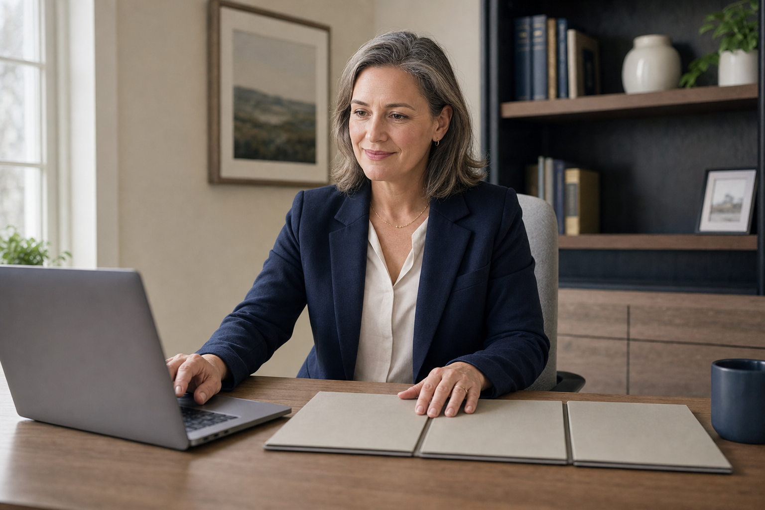 Businesswoman in a blue blazer working on a laptop at a wooden desk in a home office setting.