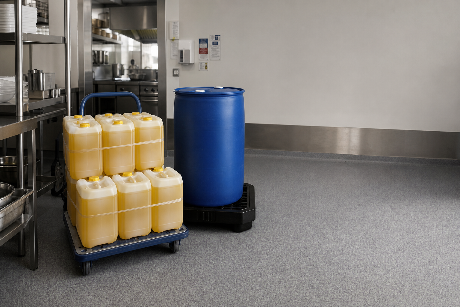 Kitchen area with stacked yellow containers on a cart and a large blue barrel.