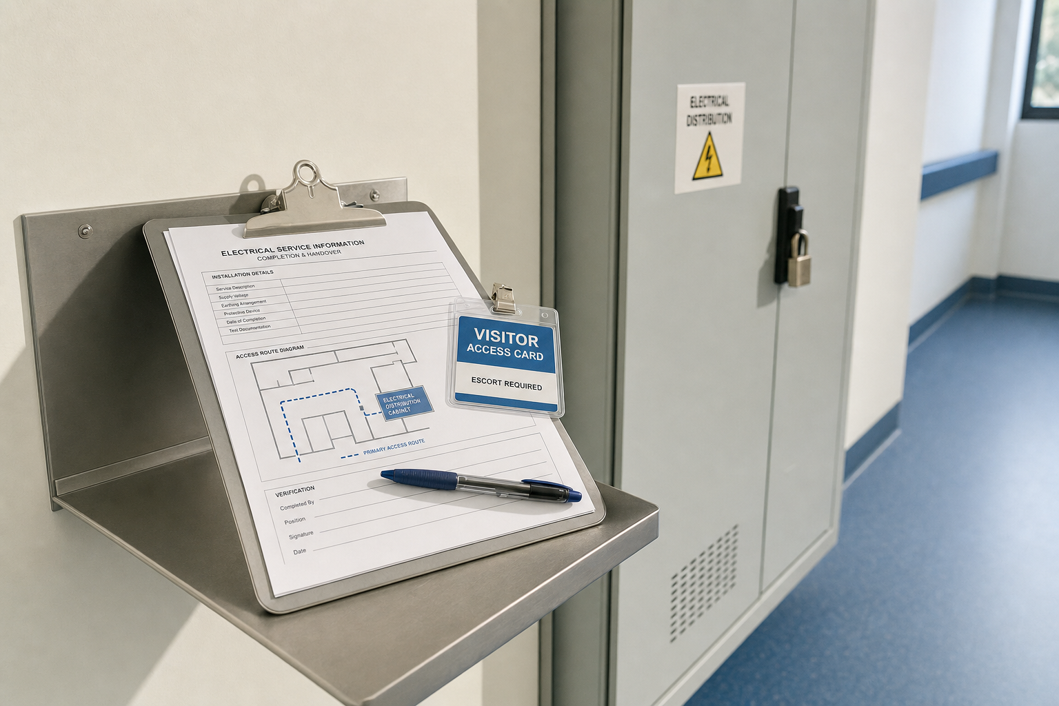 Clipboard with electrical service information, visitor access card, and pen near a locked electrical distribution cabinet.