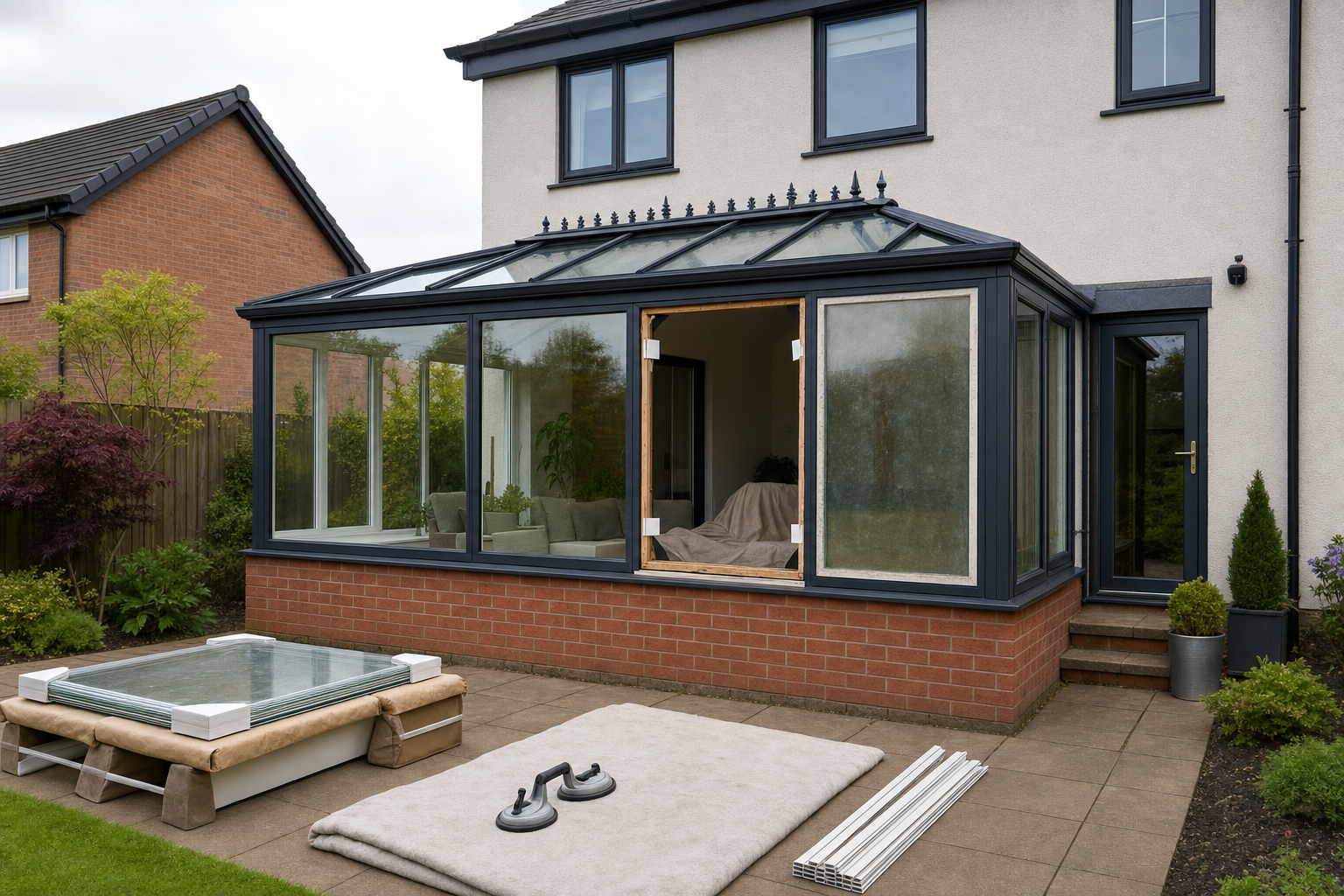 A glass conservatory under construction with patio tools and materials in the garden.