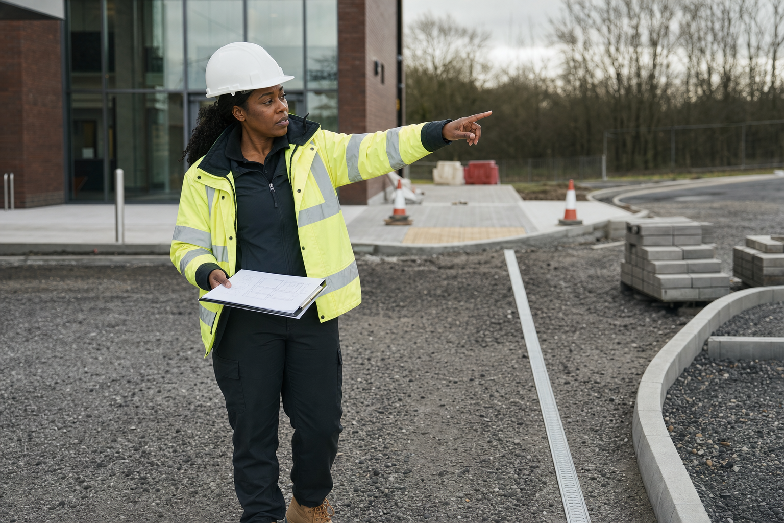 Construction worker in a high-visibility jacket and hard hat points while holding site plans on a building site.
