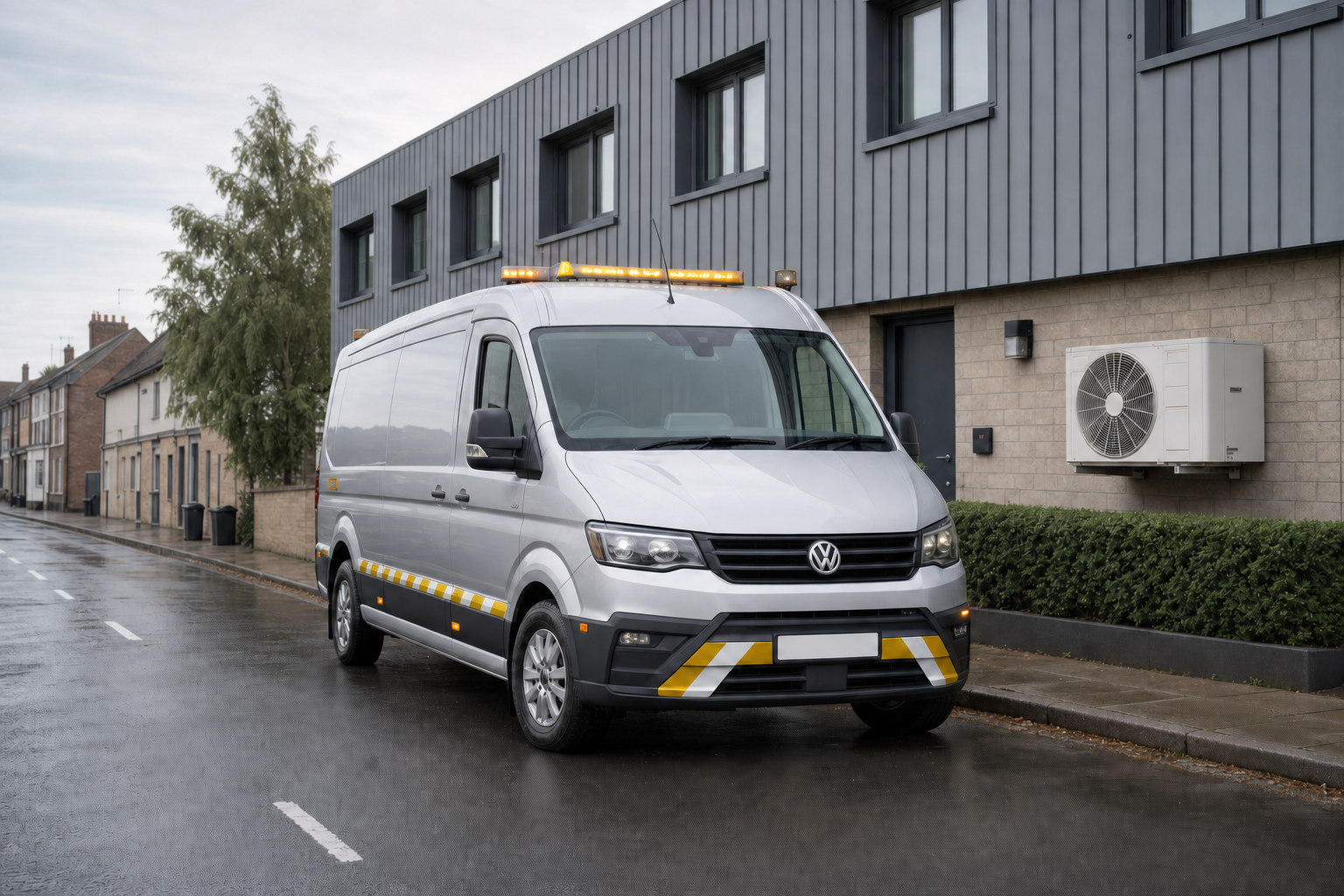 A silver Volkswagen van with warning lights parked on a wet street beside modern buildings.