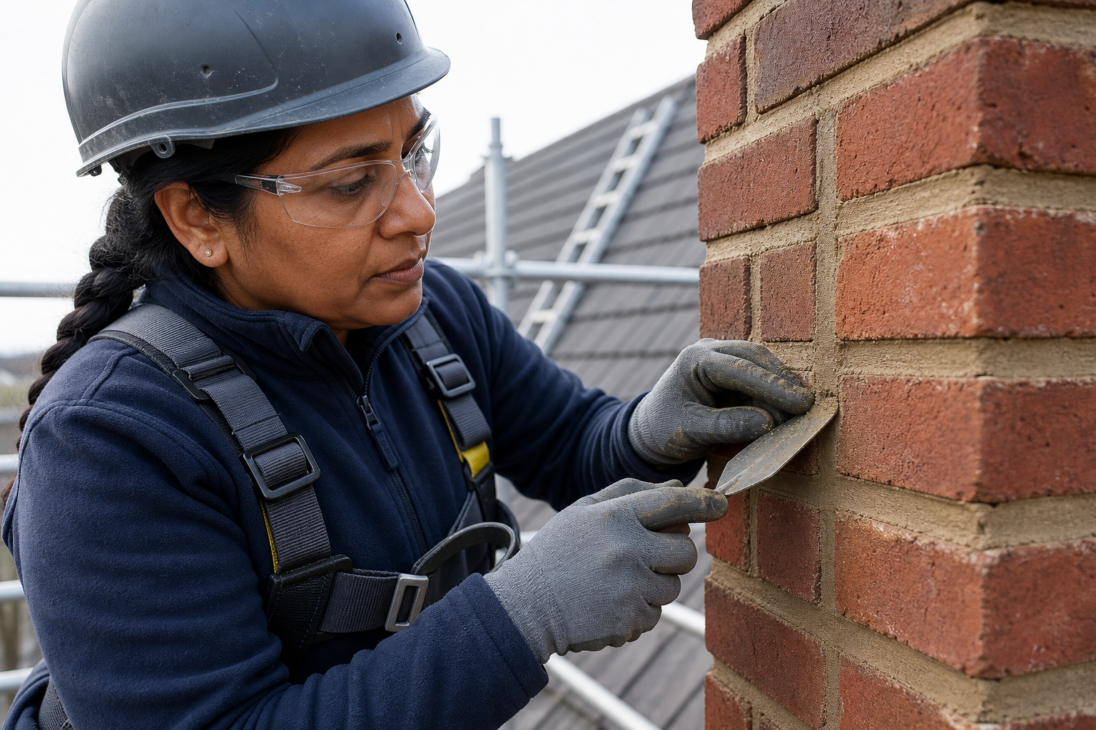 A female builder wearing safety gear applies mortar to a brick wall on a scaffold.